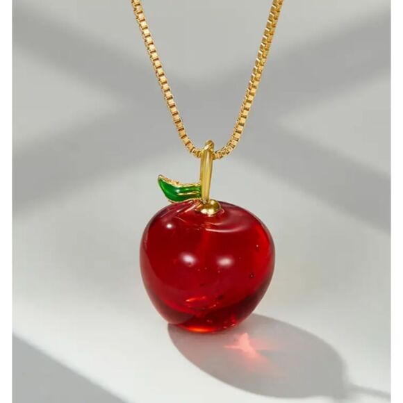 Red Apple Green Leaf on a Gold Chain Necklace - Picture 7 of 8